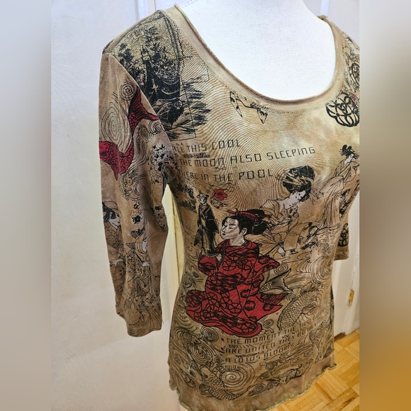 RARE NEW Y2K GLIMA Tan Red Tie Dye Print Japan Geisha Cotton Blouse Top S - Picture 4 of 9